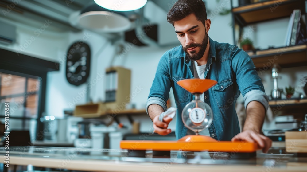 Man Carefully Weighing Coffee Beans in Workshop Man Carefully Weighing Coffee Beans in Workshop