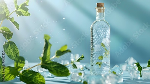 Cool and Serene Glass Bottle with Ice Cubes and Greenery