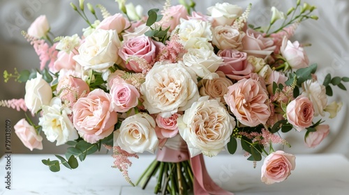  A pink-ribboned bouquet of pink and white flowers atop a pristine white table
