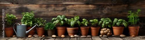 Gartengeräte und Setzlinge auf einem alten Holztisch, Erde und Pflanzen, Gemüsegarten, Konzept Gartenarbeit im Frühling photo