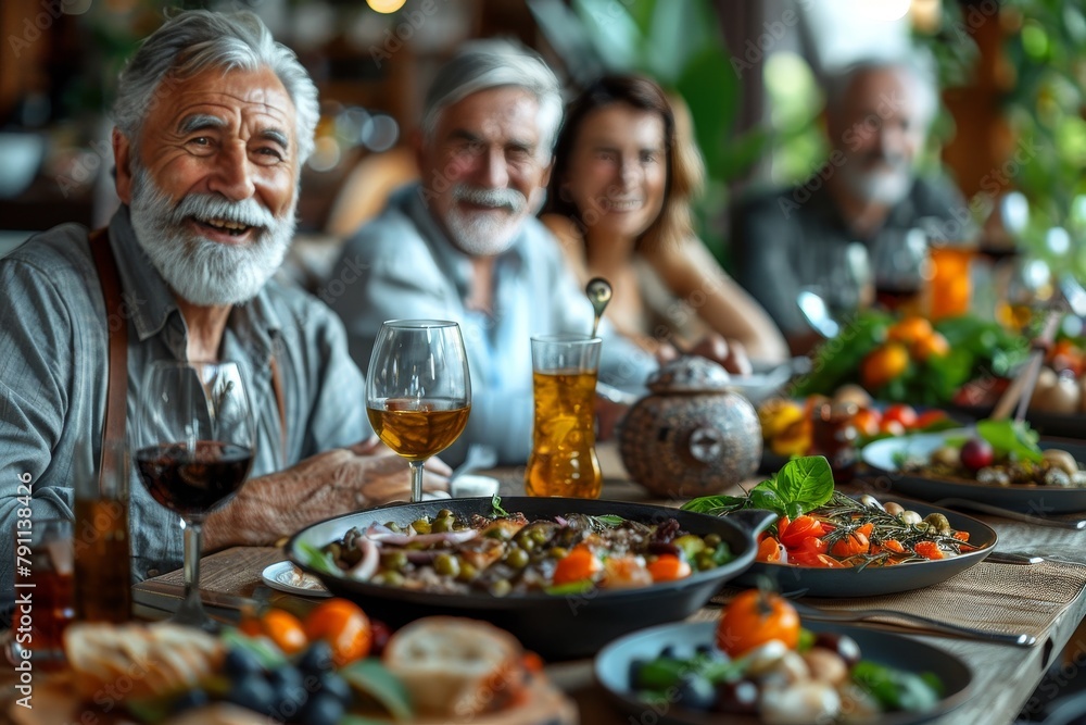 Smiling elderly man having dinner with family in a warm, homey restaurant ambiance