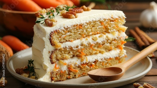   A slice of carrot cake, topped with white frosting and nuts, sits on a plate In the background, a wooden spoon and bowl of carrots rest