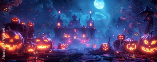 Spooky Halloween night with glowing pumpkins and haunted house