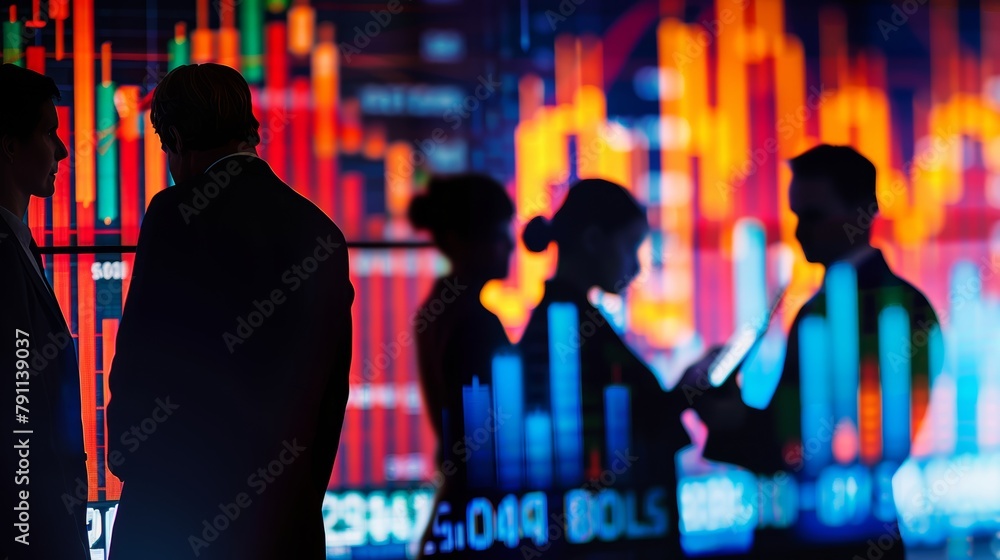 Business people silhouetted against a stock market graph  AI generated illustration