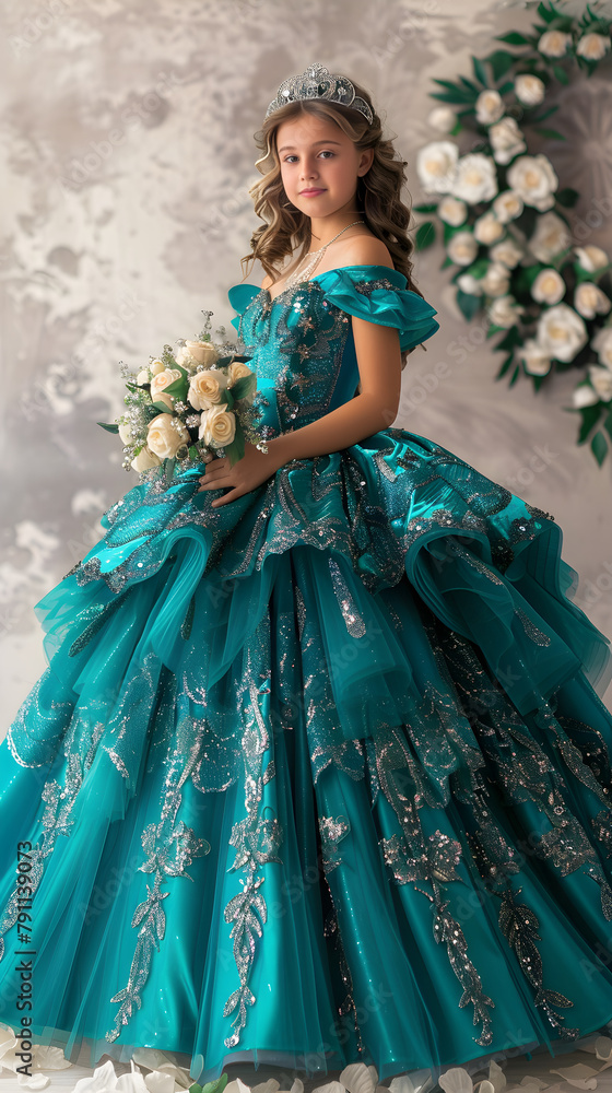 Elegant Quinceanera Celebratory Gown Displaying a Combination of Radiance and High-fashion Style