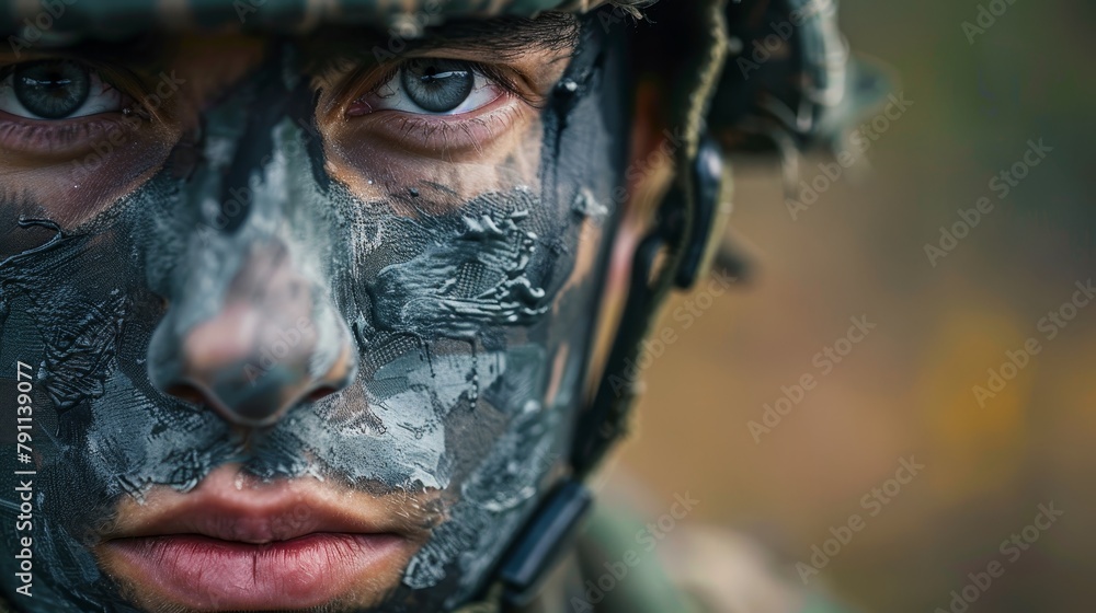 Camouflage face paint smeared on a soldiers cheeks AI generated illustration Camouflage face paint smeared on a soldiers cheeks AI generated illustration