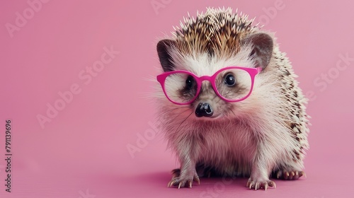 Adorable Hedgehog Wearing Glasses Poses Against Pink Background, Infusing Whimsy and Intellect in Nature's Charm
