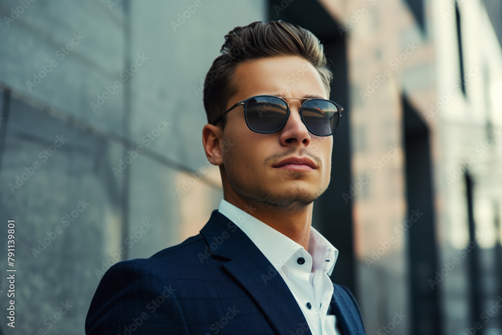 Handsome successful man wearing business suit, sunglasses posing on city street