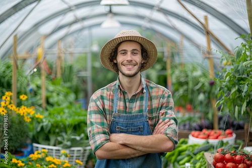Young farmer in front of a greenhouse with vegetables