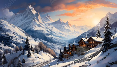Panoramic view of alpine village in snowy mountains at sunset