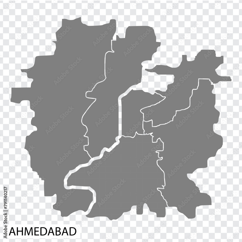 High Quality map of Ahmedabad is a city of India, with borders of the regions. Map of Ahmedabad for your web site design, app, UI. EPS10.