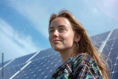 Young woman with a solar panel looking into the camera, in front of blue sky