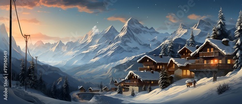 panoramic view of swiss alps in winter at sunset photo