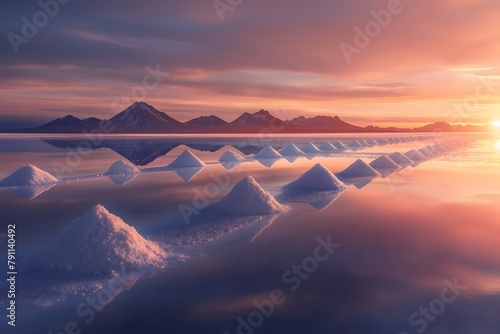 sulphuric salt desert in Uyuni, clear sky and calm waters reflect the white peaks of salt hills. sun sets on horizon, pink mountains. small piles of fresh sea salt