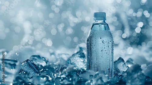 Refreshing Blue Liquid in Clear Plastic Bottle against Ice Background