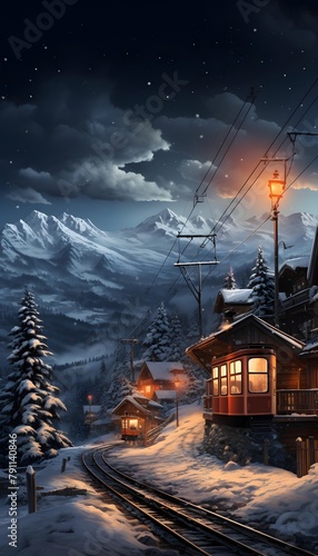 Winter night in the mountains. Christmas and New Year s background.