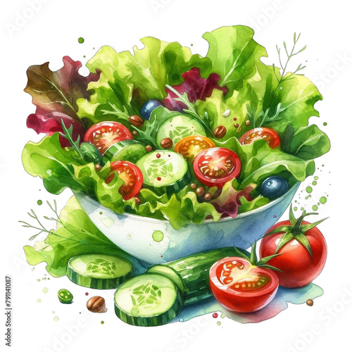 A bowl of salad with lettuce, tomatoes, cucumbers, and olives