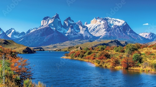   A mountaineous backdrop with a foreground lake and trees, framed by a blue sky photo