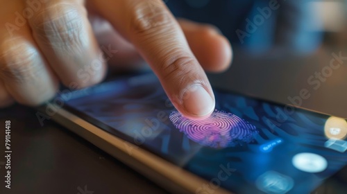 A person using a thumbprint to log into their bank account via a biometric authentication system on their mobile phone. .