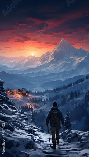 Mountains in the winter at sunset. 3d render illustration.