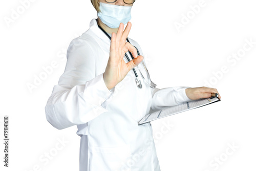 Woman doctor showing fingers ok and holding tablet in hand on white background. Copy space, Medical care and examination, healthcare and treatment