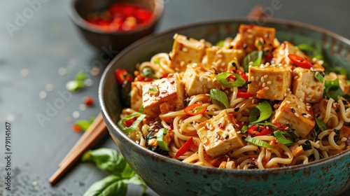 Captivating Tofu Noodle Dish with Vibrant Gradient Background Showcasing the Depth of Flavorful Asian Cuisine photo