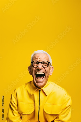 A senior man with glasses is captured mid-laugh, dressed in a vibrant yellow jacket that matches the backdrop, radiating joy and positivity - Generative AI