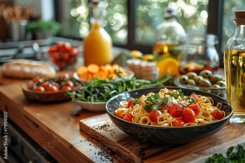 Wallpaper Mural Freshly prepared homemade pasta dish with tomato sauce, garnished with herbs on a rustic kitchen setting Torontodigital.ca