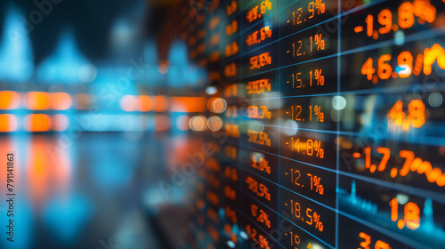 Stock market data. Table of digital data displayed on large screen with lights and blurred background