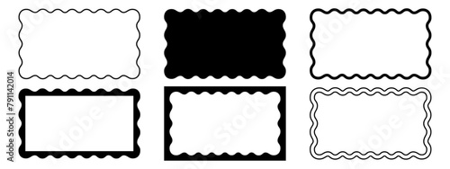 Set of different rectangle frames with wavy edges. Cute rectangular shapes with undulated borders. Empty text boxes, stamps, tags or labels isolated on white background. Vector graphic illustration.