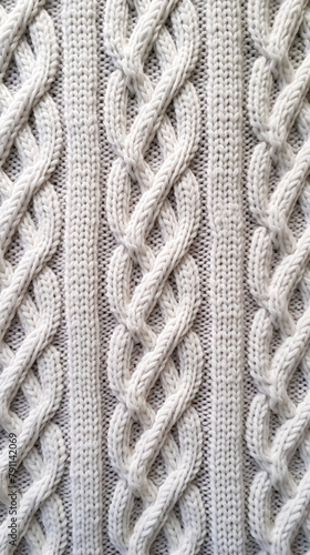 A detailed close-up showing the intricate patterns of a cream-colored cable knit fabric, highlighting the intertwined yarn - Generative AI