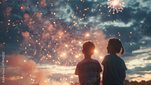 Two children, a boy and a girl, are standing together looking up at colorful fireworks exploding in the night sky