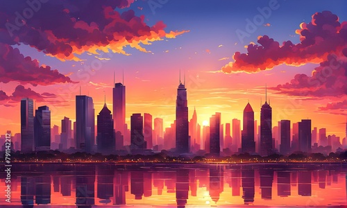 Coral and pink city sunset, warm light. Dreamy cityscape, summer atmosphere. Generative AI