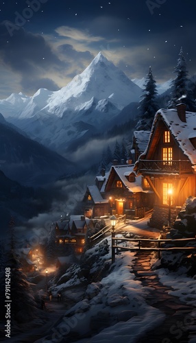 Mountain village at night. Panoramic view. Winter landscape.