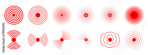 Pain localization icons. Red concentric circles. Sore or inflammation symbols. Pulse or headache signs. Shockwave, radar or sound signal pictograms isolated on white background. Vector illustration.