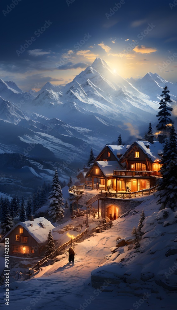 Houses in the mountains at sunset. Beautiful winter panorama.