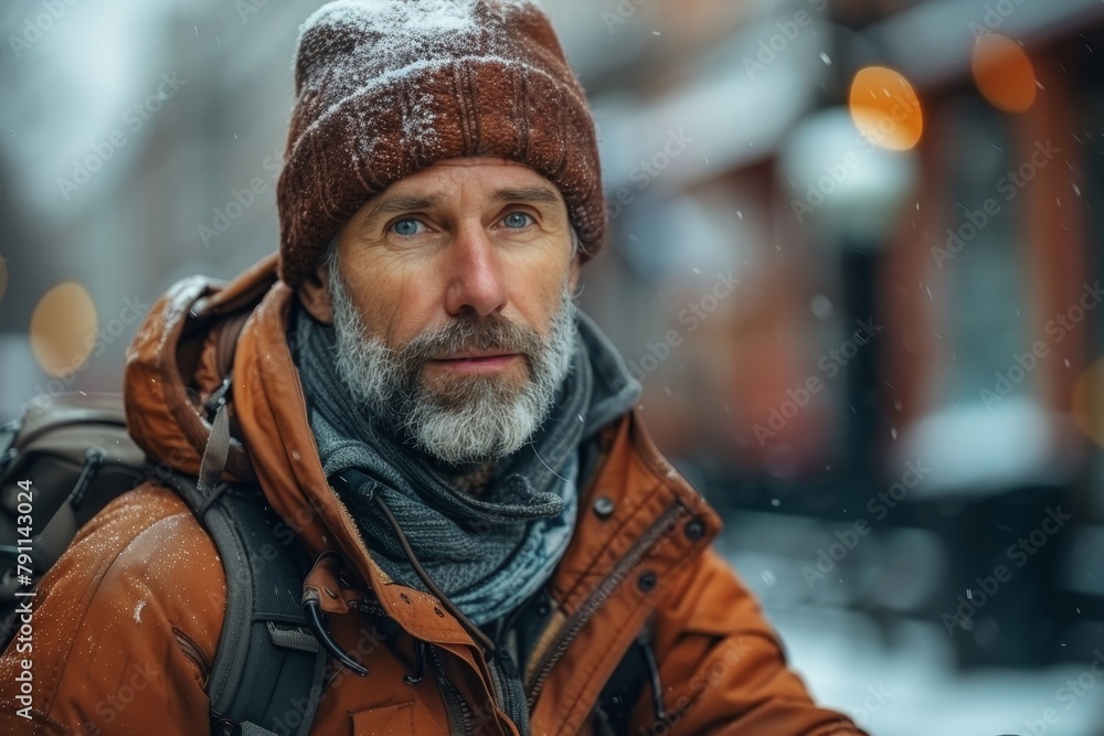 A ruggedly handsome man in winter apparel looks contemplatively into the distance with snow gently falling around him A ruggedly handsome man in winter apparel looks contemplatively into the distance with snow gently falling around him