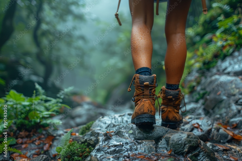 Close focus on a hiker’s boots stepping on a wet rock, highlighting the journey and adventure in a lush forest Close focus on a hiker’s boots stepping on a wet rock, highlighting the journey and adventure in a lush forest