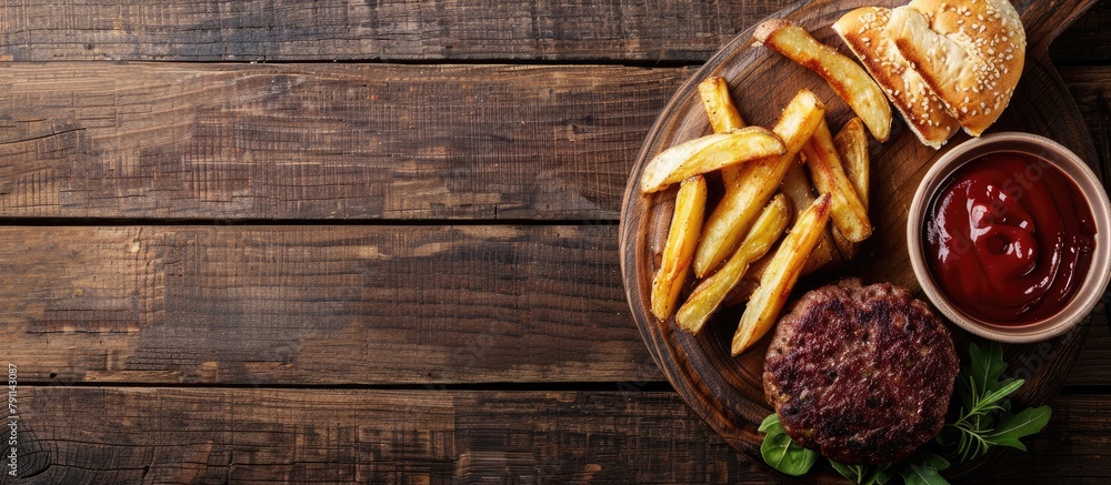Beef patties and crispy potato sticks on a wooden surface with empty area. Beef patties and crispy potato sticks on a wooden surface with empty area.