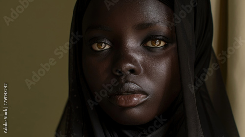 African American woman with a black veil covering her head, standing with a solemn expression