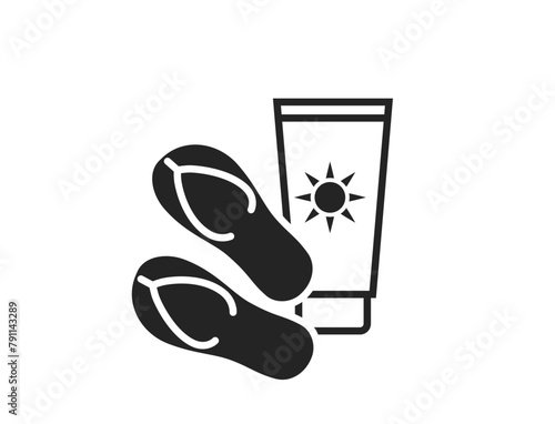 sea vacation icon. beach flip flops and sunscreen. summer resort symbol. isolated vector image for tourism design
