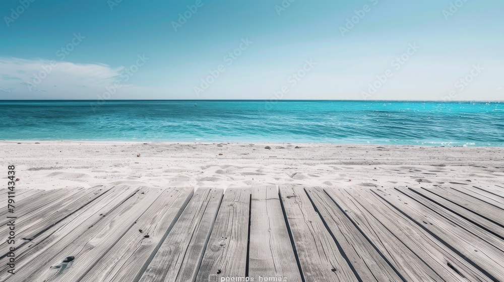 Fototapeta premium Serene beachscape with sparkling turquoise ocean and wooden deck, perfect for relaxation and summer getaways