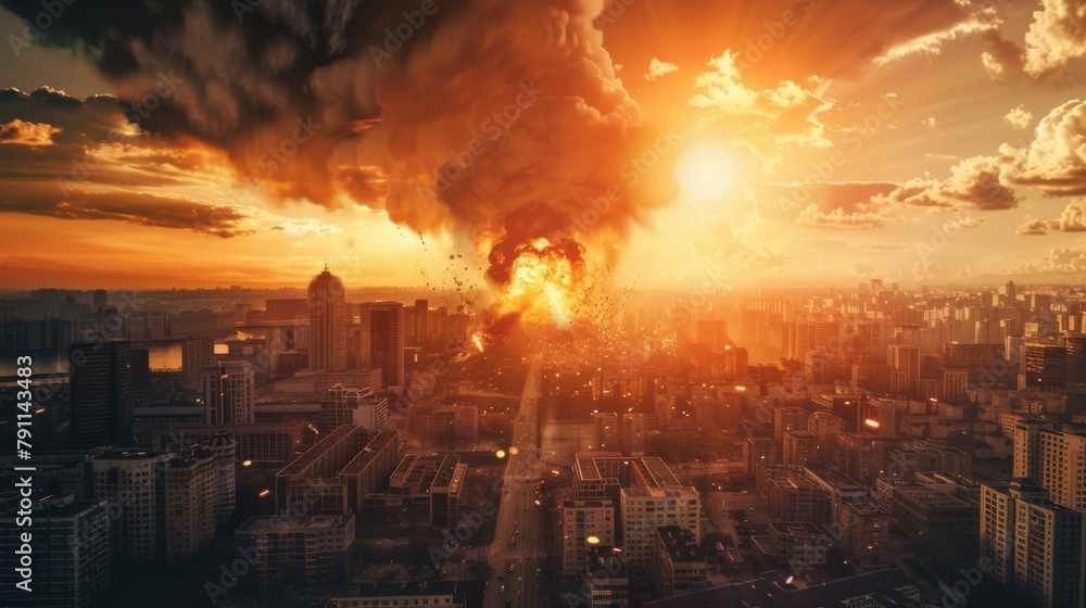City devastated by explosion. War concept