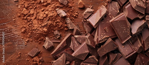 Wooden background with shattered chocolate pieces and cocoa powder