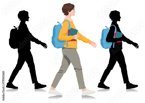 Walking female student with books and a bright backpack in a loose sweater and jeans. Young woman on a walk. Vector illustration isolated on white
