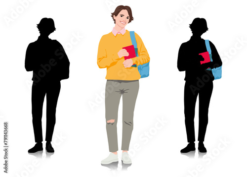 Young female student stands dressed in a loose sweater and jeans. Smiling girl with a backpack and a books. Woman in casual clothing. Vector illustration set isolated on white