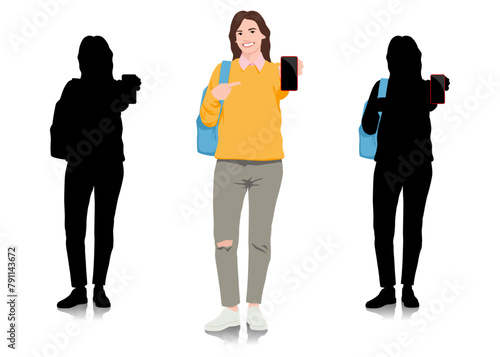 Young female student pointing at phone dressed in a loose sweater and jeans. Woman with backpack showing her phone. Vector illustration isolated on white