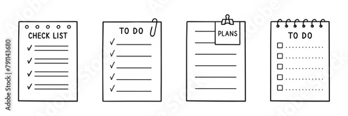 Check list, memory note paper doodle set. Reminder, to do list, notebook with plan, task and checkboxes in sketch style. Hand drawn vector illustration isolated on white background photo