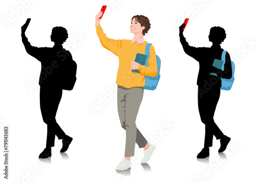Young female student taking selfie on smartphone dressed in a loose sweater and jeans. Woman with a backpack and a book taking photo on her phone. Vector illustration set isolated on white