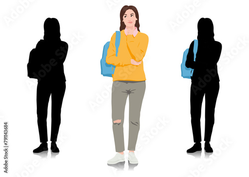 Female student with thoughtful expression dressed in a loose sweater and jeans. Smiling girl with a backpack. Young woman in casual clothing. Vector illustration set isolated on white